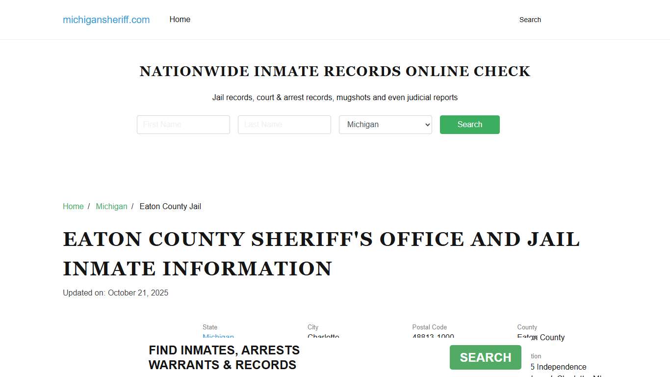 Eaton County Sheriff, Michigan, Jail Inmate Search